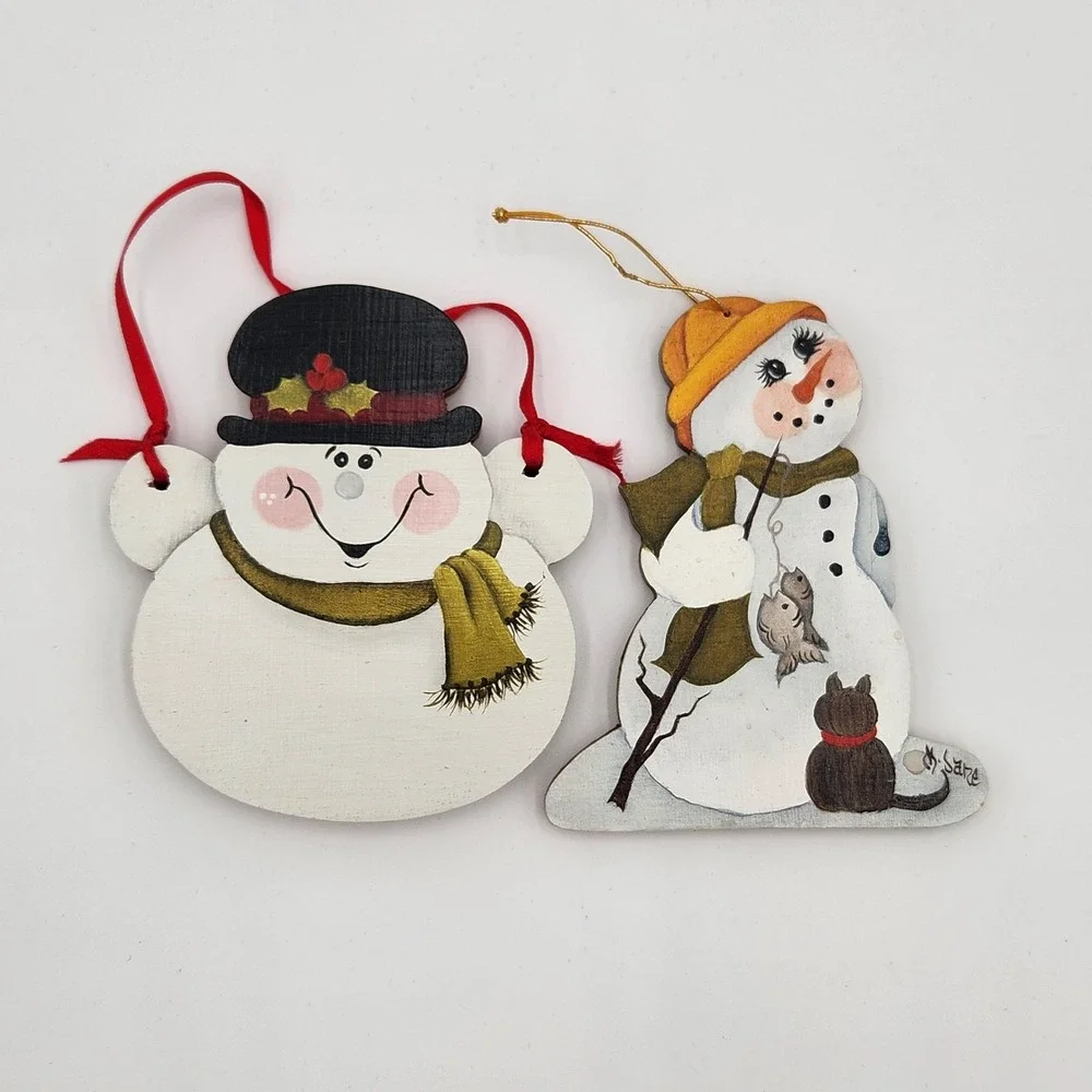 2 Vintage Handpainted Wood Christmas Ornaments Snowman Artist Signed Folk Art